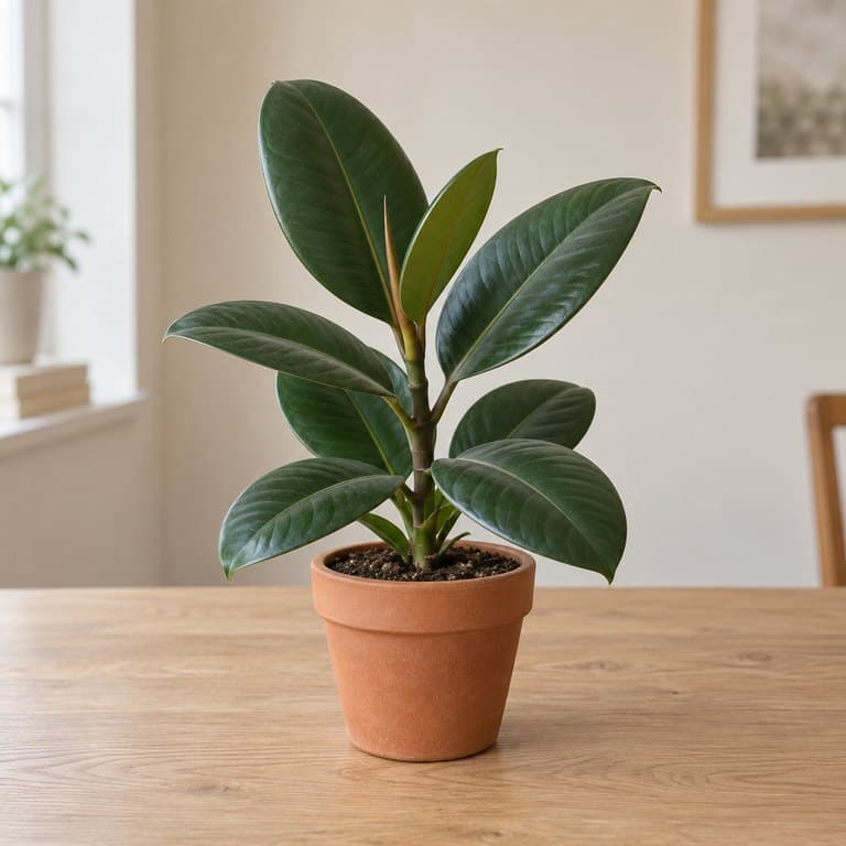 Potted green plant on a table in front of a neutral wall
